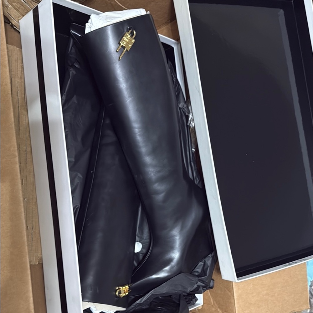 Givenchy Black Leather Knee-High Boot with Gold Hardware